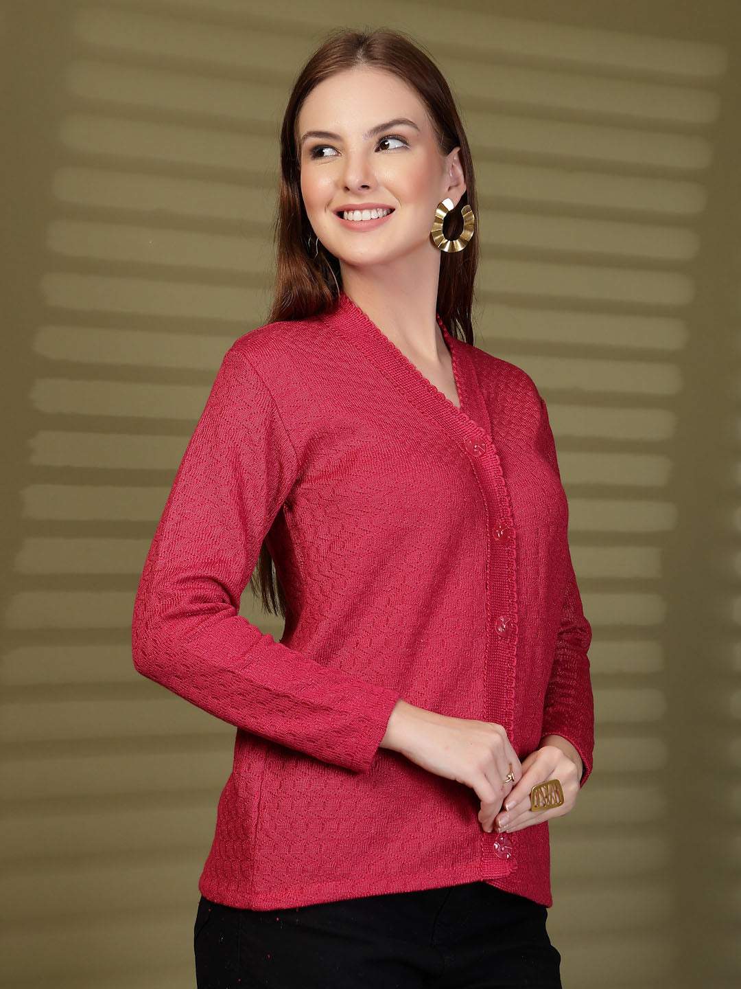 Magenta Textured Knitting Cardigan Button-Down Woollen Cardigan, product photo showing color, pattern, and knit texture on a plain background
