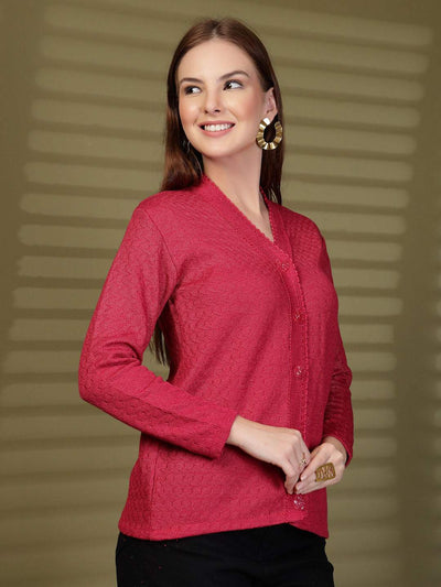 Magenta Textured Knitting Cardigan Button-Down Woollen Cardigan, product photo showing color, pattern, and knit texture on a plain background