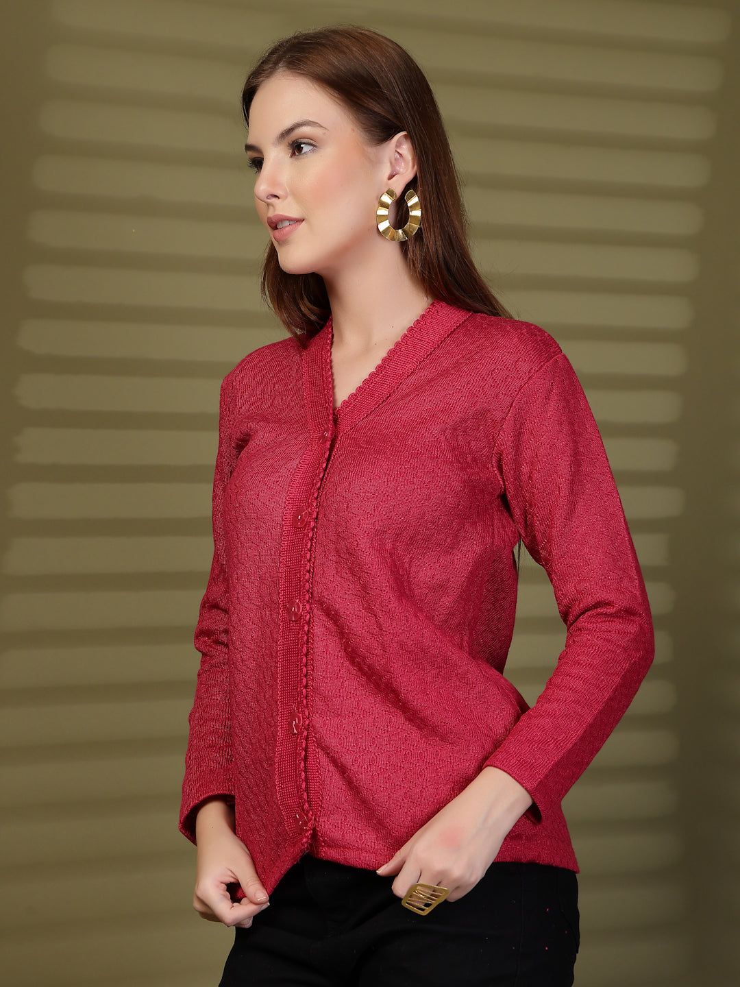 Magenta Textured Knitting Cardigan Button-Down Woollen Cardigan, product photo showing color, pattern, and knit texture on a plain background