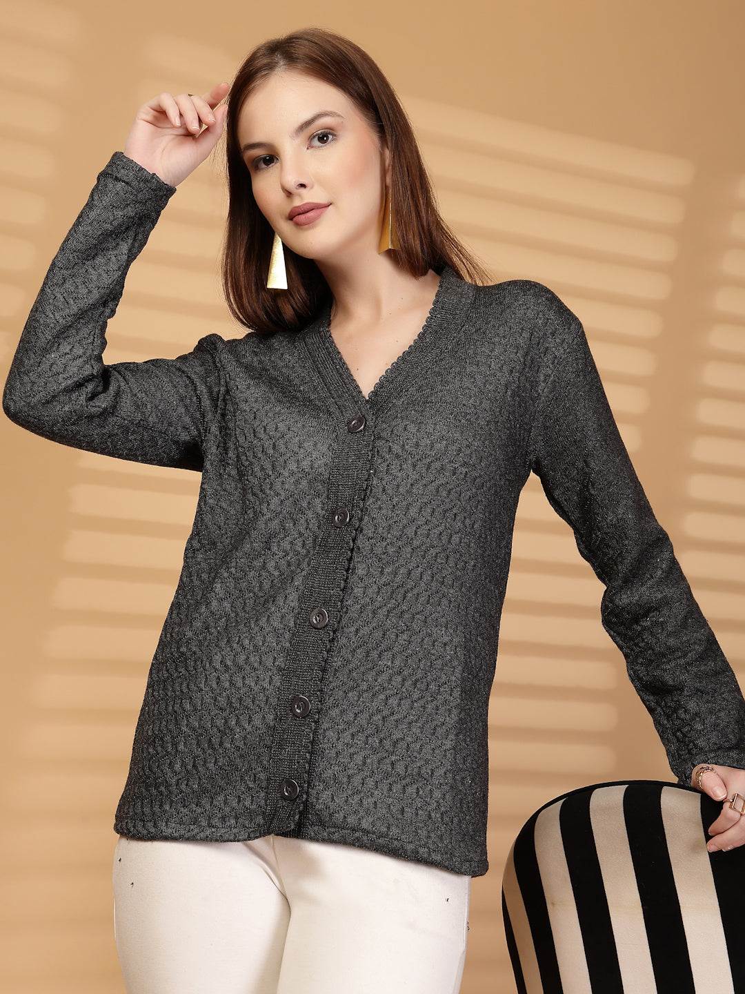 Dark Grey Textured Knitting Cardigan Button-Down Woollen Cardigan, product photo showing color, pattern, and knit texture on a plain background