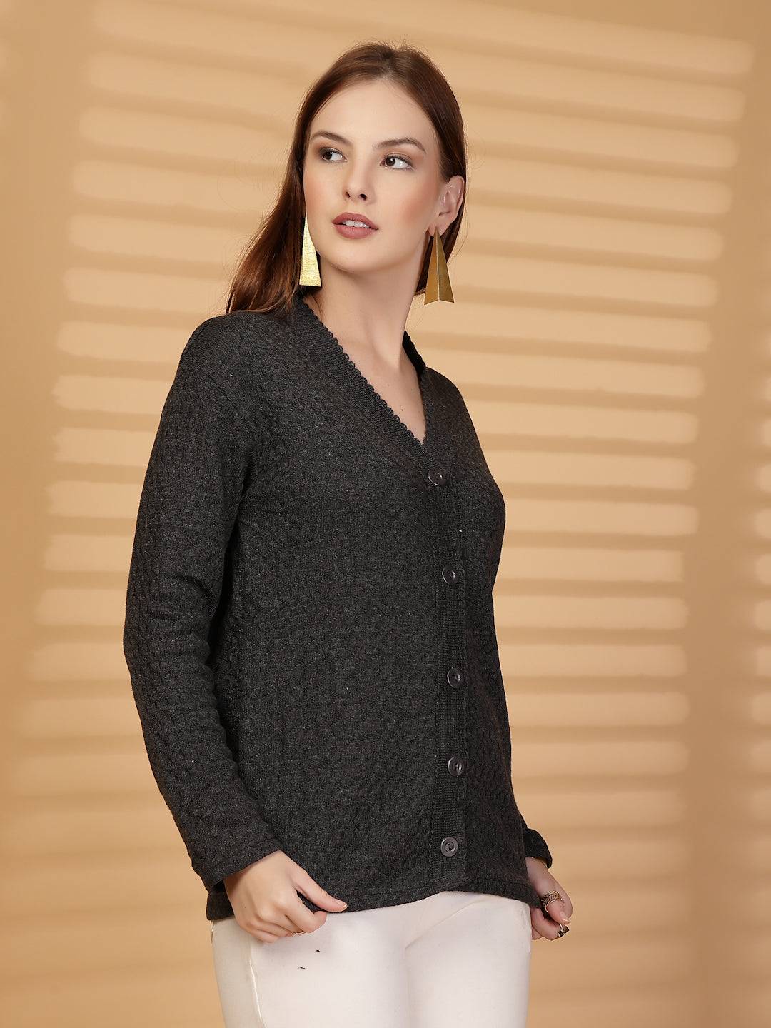 Dark Grey Textured Knitting Cardigan Button-Down Woollen Cardigan, product photo showing color, pattern, and knit texture on a plain background
