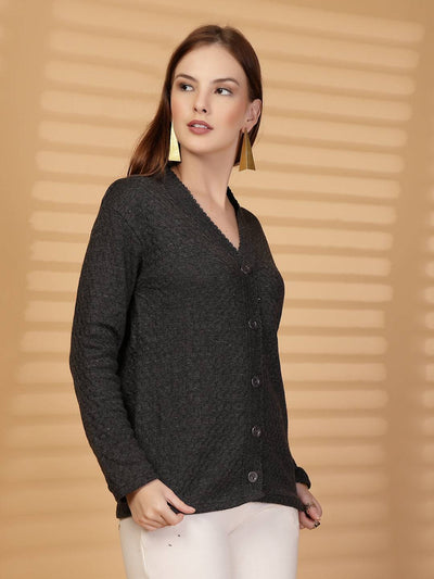 Dark Grey Textured Knitting Cardigan Button-Down Woollen Cardigan, product photo showing color, pattern, and knit texture on a plain background