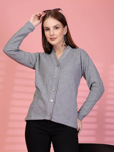 Grey Textured Knitting Cardigan Button-Down Woollen Cardigan, product photo showing color, pattern, and knit texture on a plain background