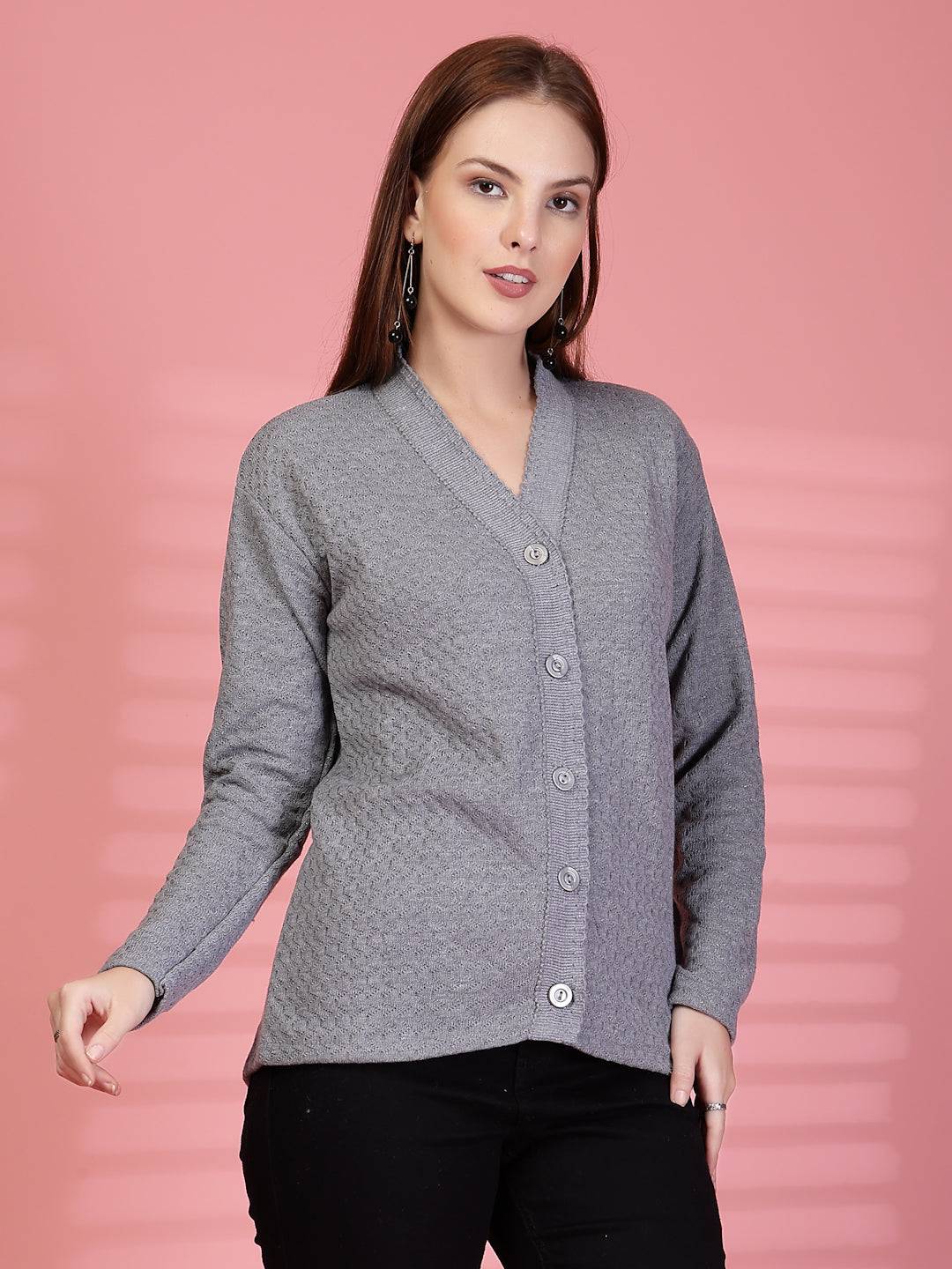 Grey Textured Knitting Cardigan Button-Down Woollen Cardigan, product photo showing color, pattern, and knit texture on a plain background