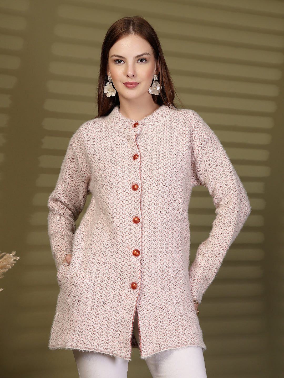Red Longline Textured Knitting Cardigan Button-Down Woollen Cardigan, product photo showing color, pattern, and knit texture on a plain background