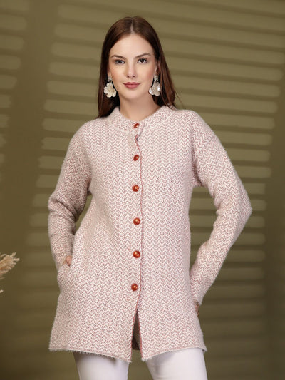 Red Longline Textured Knitting Cardigan Button-Down Woollen Cardigan, product photo showing color, pattern, and knit texture on a plain background