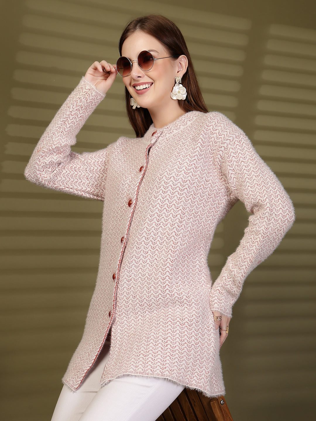 Red Longline Textured Knitting Cardigan Button-Down Woollen Cardigan, product photo showing color, pattern, and knit texture on a plain background