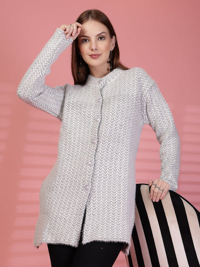 Black Longline Textured Button-Down Woollen Cardigan
