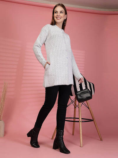Black Longline Textured Button-Down Woollen Cardigan