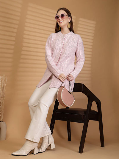Pink Longline Textured Knitting Cardigan Button-Down Woollen Cardigan, product photo showing color, pattern, and knit texture on a plain background