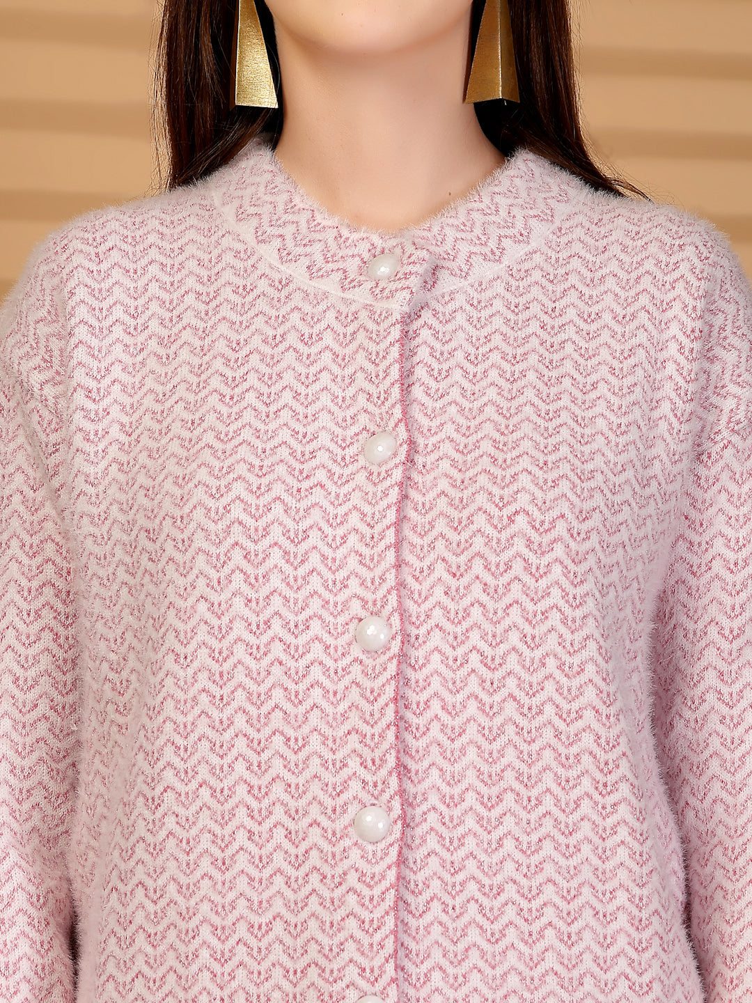 Pink Longline Textured Knitting Cardigan Button-Down Woollen Cardigan, product photo showing color, pattern, and knit texture on a plain background