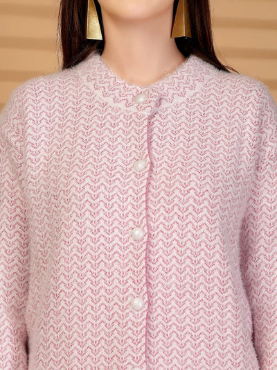 Pink Longline Textured Knitting Cardigan Button-Down Woollen Cardigan, product photo showing color, pattern, and knit texture on a plain background