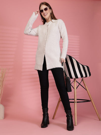 Fawn Longline Textured Knitting Cardigan Button-Down Woollen Cardigan, product photo showing color, pattern, and knit texture on a plain background