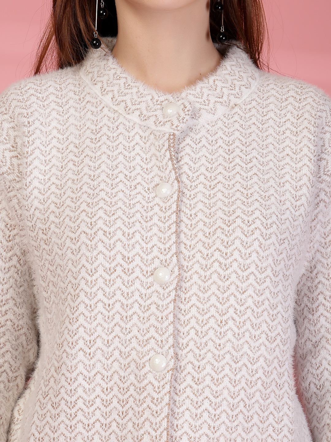 Fawn Longline Textured Knitting Cardigan Button-Down Woollen Cardigan, product photo showing color, pattern, and knit texture on a plain background