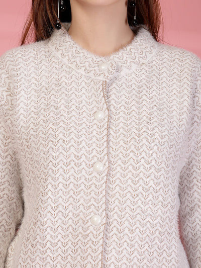 Fawn Longline Textured Knitting Cardigan Button-Down Woollen Cardigan, product photo showing color, pattern, and knit texture on a plain background