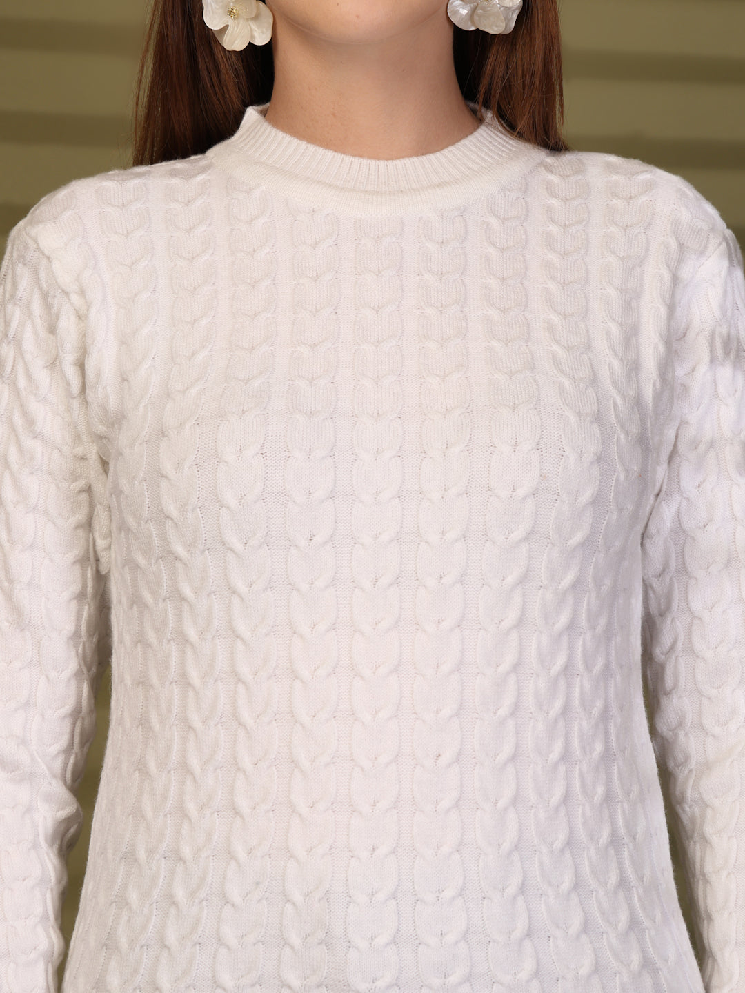 White Textured Knitted Woollen Sweater