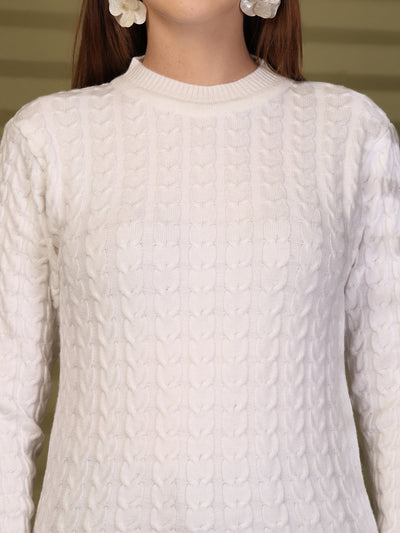 White Textured Knitted Woollen Sweater