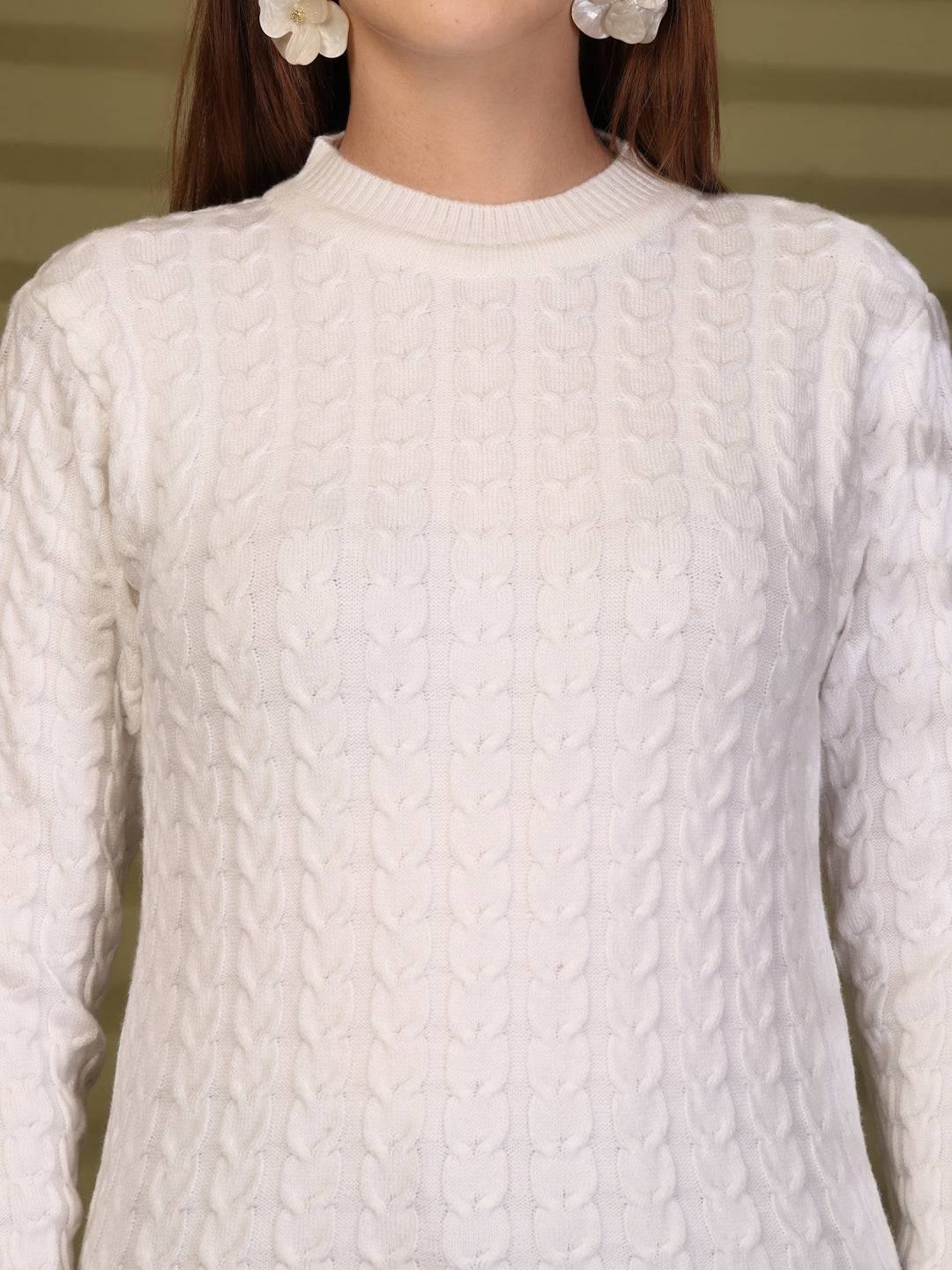 White Textured Knitting Sweaters Knitted Woollen Sweater, product photo showing color, pattern, and knit texture on a plain background