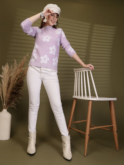 Lavender Floral Embellished Woollen Sweater