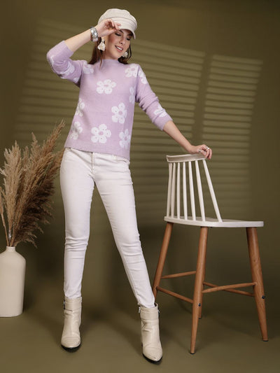 Lavender Floral Embellished Knitting Sweaters Woollen Sweater, product photo showing color, pattern, and knit texture on a plain background