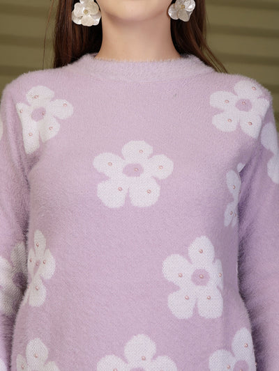 Lavender Floral Embellished Woollen Sweater
