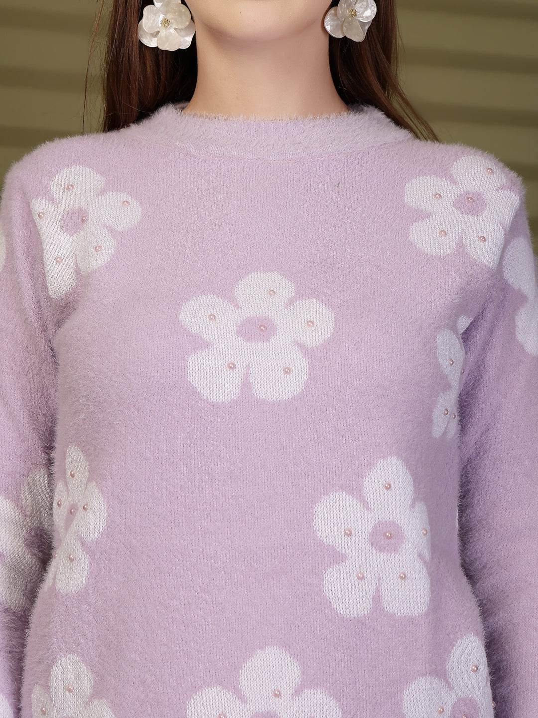 Lavender Floral Embellished Knitting Sweaters Woollen Sweater, product photo showing color, pattern, and knit texture on a plain background