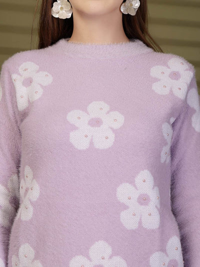 Lavender Floral Embellished Knitting Sweaters Woollen Sweater, product photo showing color, pattern, and knit texture on a plain background