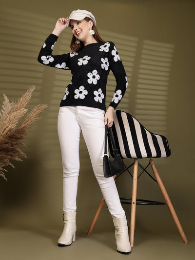 Black Floral Embellished Woollen Sweater