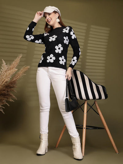 Black Floral Embellished Knitting Sweaters Woollen Sweater, product photo showing color, pattern, and knit texture on a plain background