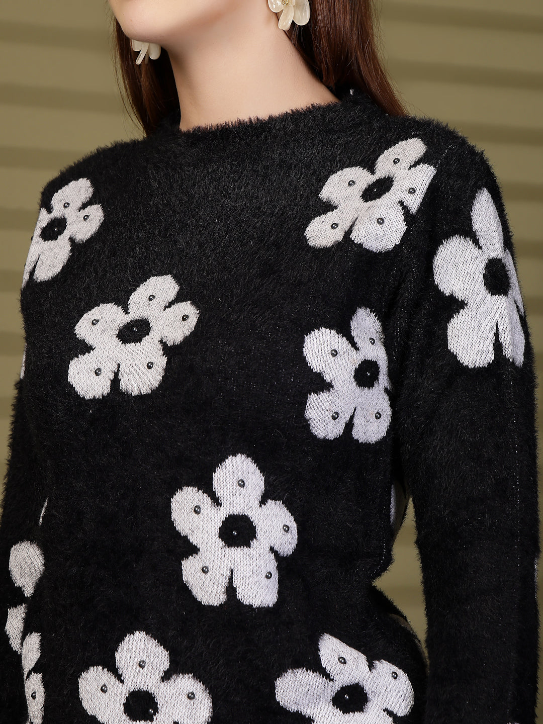 Black Floral Embellished Woollen Sweater