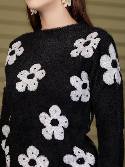 Black Floral Embellished Woollen Sweater