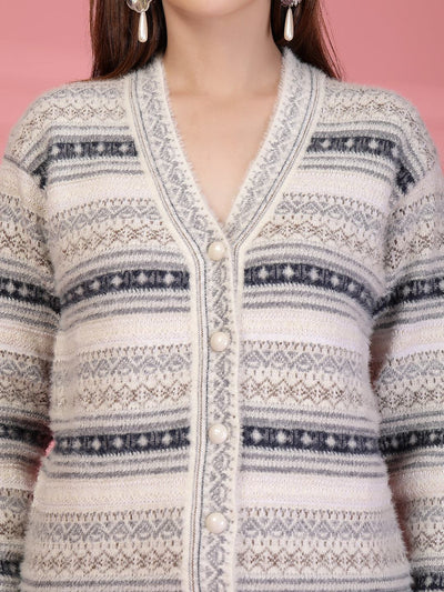Grey Striped Knitting Cardigan Button-Down Woollen Cardigan, product photo showing color, pattern, and knit texture on a plain background