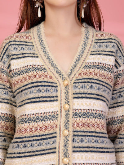 Fawn Striped Knitting Cardigan Button-Down Woollen Cardigan, product photo showing color, pattern, and knit texture on a plain background