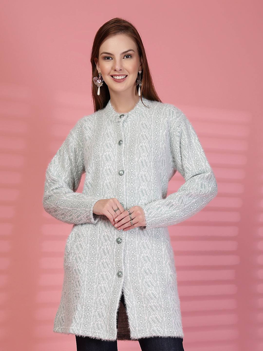 Pista Green Longline Textured Knitting Cardigan Button-Down Woollen Cardigan, product photo showing color, pattern, and knit texture on a plain background