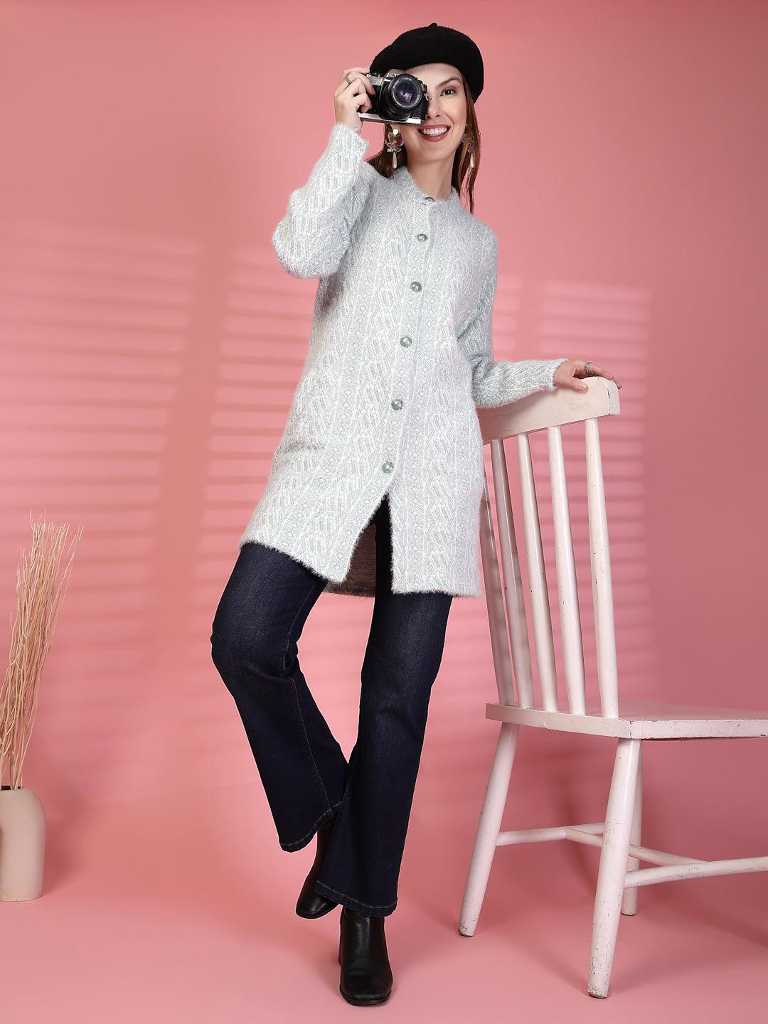 Pista Green Longline Textured Knitting Cardigan Button-Down Woollen Cardigan, product photo showing color, pattern, and knit texture on a plain background