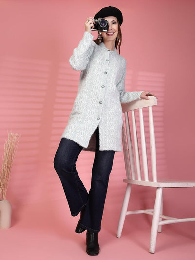 Pista Green Longline Textured Knitting Cardigan Button-Down Woollen Cardigan, product photo showing color, pattern, and knit texture on a plain background
