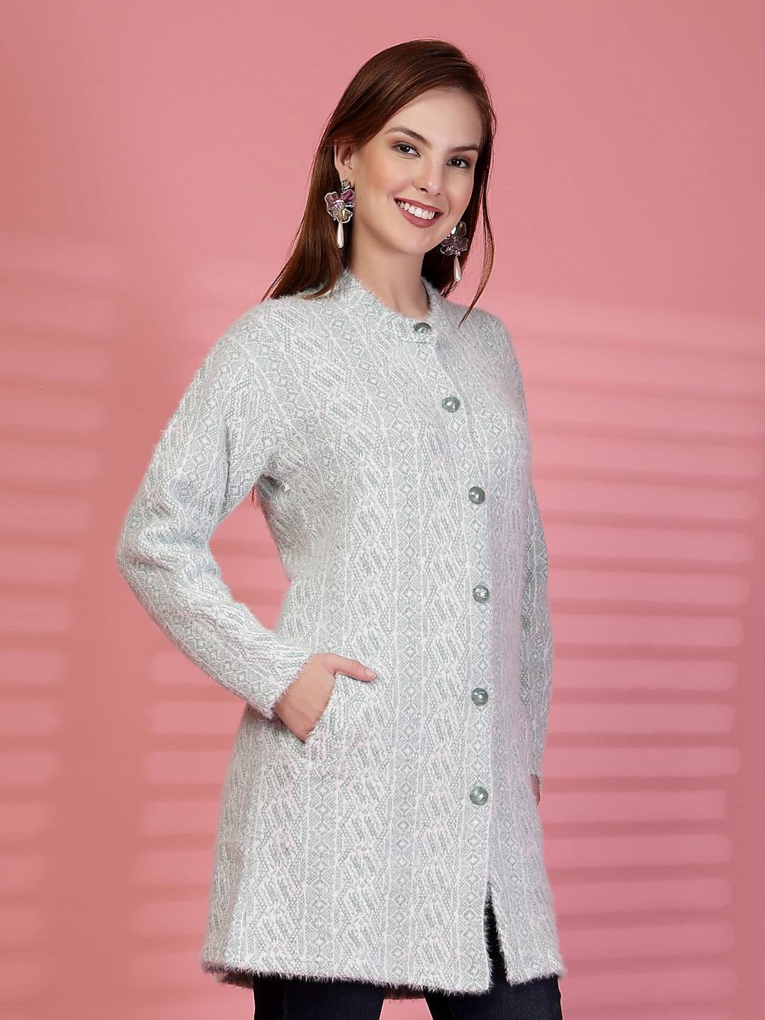 Pista Green Longline Textured Knitting Cardigan Button-Down Woollen Cardigan, product photo showing color, pattern, and knit texture on a plain background