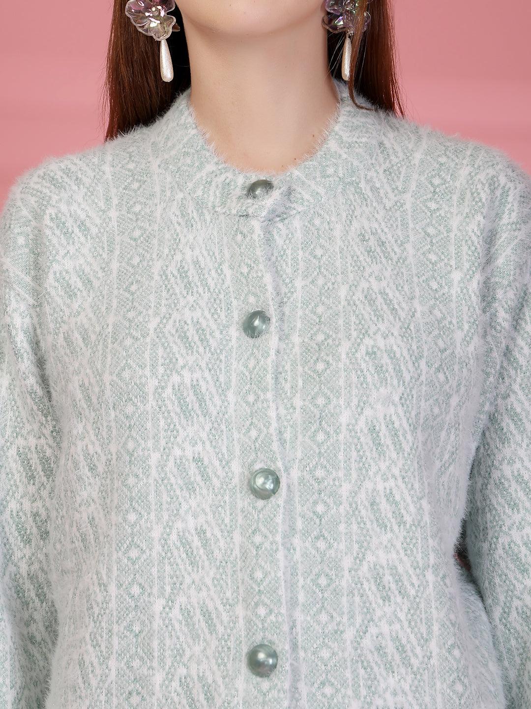 Pista Green Longline Textured Knitting Cardigan Button-Down Woollen Cardigan, product photo showing color, pattern, and knit texture on a plain background