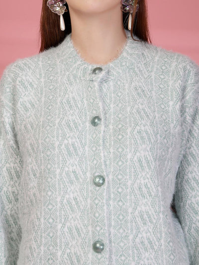 Pista Green Longline Textured Knitting Cardigan Button-Down Woollen Cardigan, product photo showing color, pattern, and knit texture on a plain background