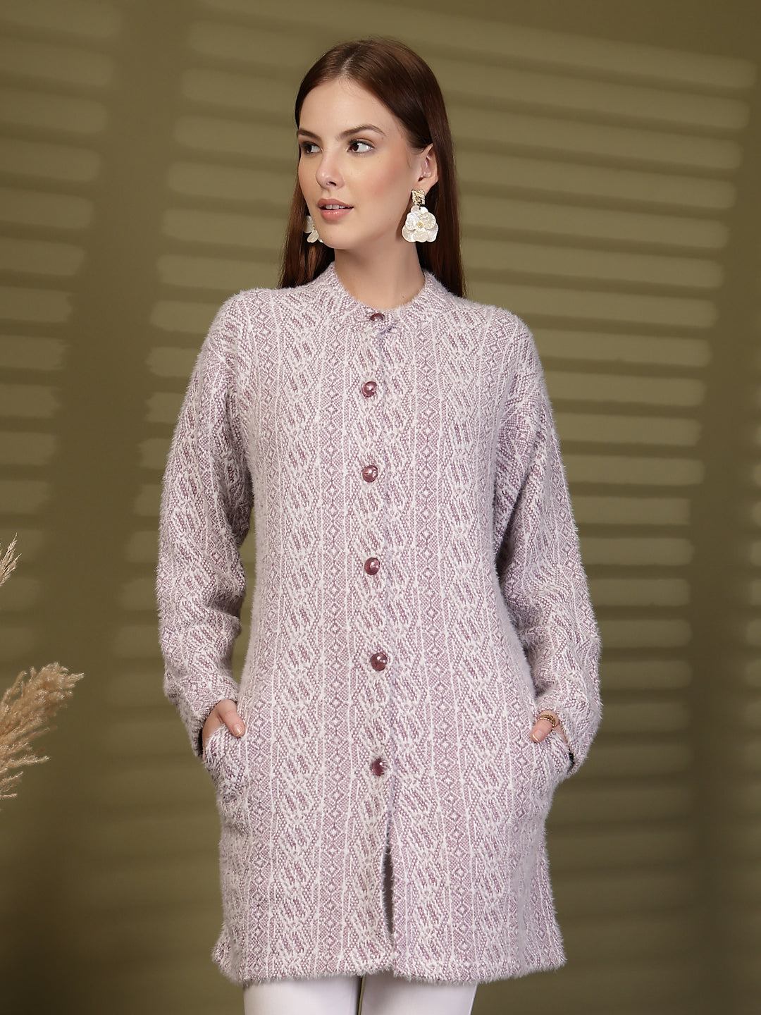 Lavender Longline Textured Knitting Cardigan Button-Down Woollen Cardigan, product photo showing color, pattern, and knit texture on a plain background