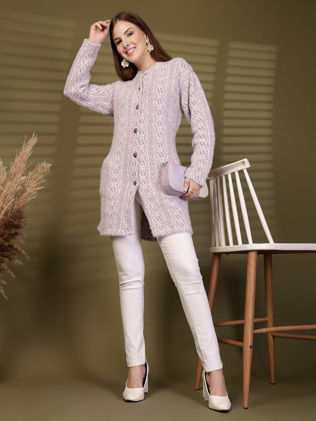 Lavender Longline Textured Knitting Cardigan Button-Down Woollen Cardigan, product photo showing color, pattern, and knit texture on a plain background