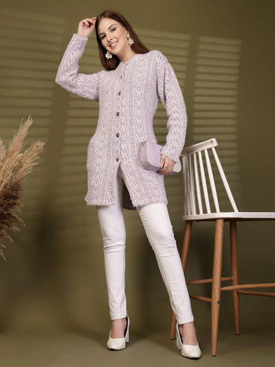 Lavender Longline Textured Knitting Cardigan Button-Down Woollen Cardigan, product photo showing color, pattern, and knit texture on a plain background