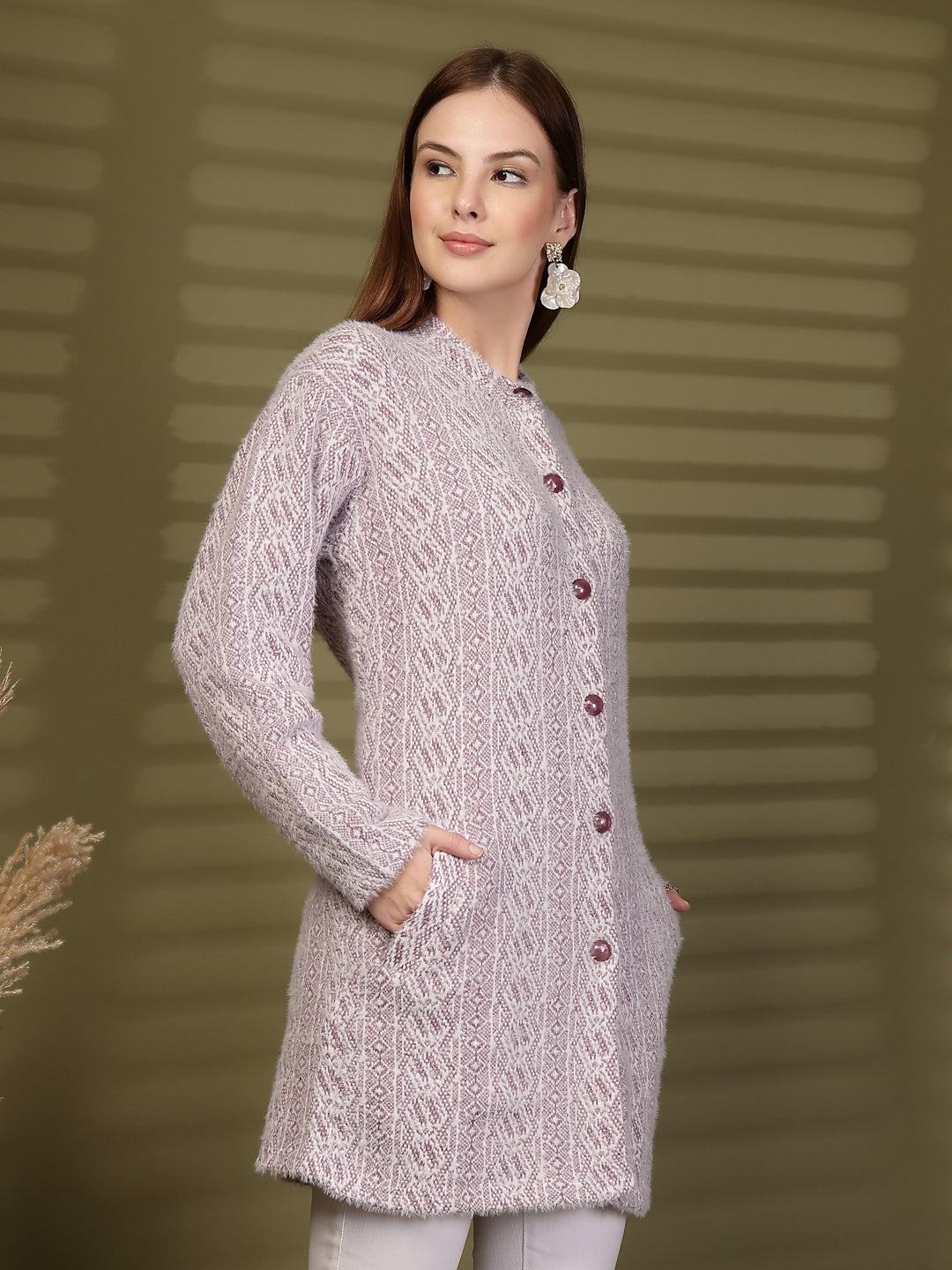 Lavender Longline Textured Knitting Cardigan Button-Down Woollen Cardigan, product photo showing color, pattern, and knit texture on a plain background