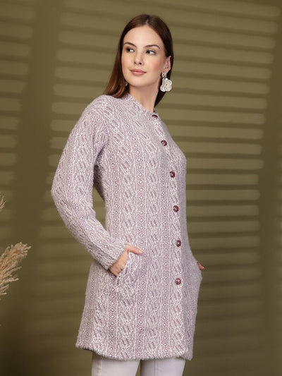 Lavender Longline Textured Knitting Cardigan Button-Down Woollen Cardigan, product photo showing color, pattern, and knit texture on a plain background