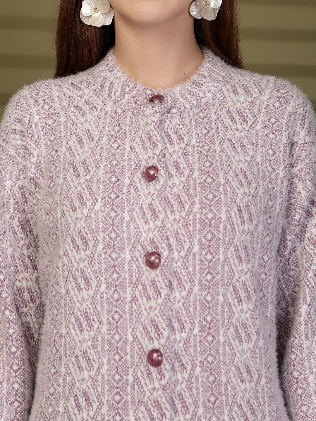 Lavender Longline Textured Knitting Cardigan Button-Down Woollen Cardigan, product photo showing color, pattern, and knit texture on a plain background