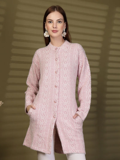 Pink Longline Textured Knitting Cardigan Button-Down Woollen Cardigan, product photo showing color, pattern, and knit texture on a plain background