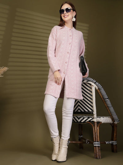 Pink Longline Textured Knitting Cardigan Button-Down Woollen Cardigan, product photo showing color, pattern, and knit texture on a plain background