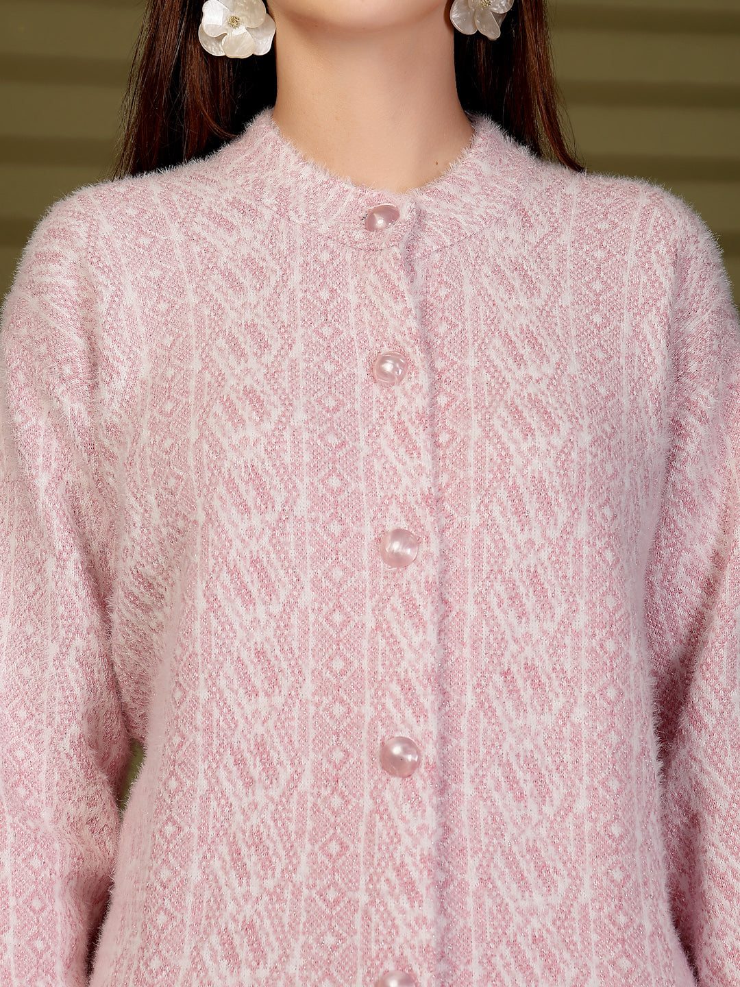 Pink Longline Textured Knitting Cardigan Button-Down Woollen Cardigan, product photo showing color, pattern, and knit texture on a plain background