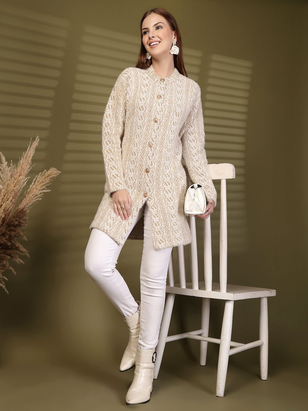 Brown Longline Textured Knitting Cardigan Button-Down Woollen Cardigan, product photo showing color, pattern, and knit texture on a plain background