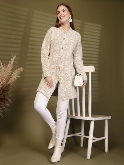 Brown Longline Textured Knitting Cardigan Button-Down Woollen Cardigan, product photo showing color, pattern, and knit texture on a plain background